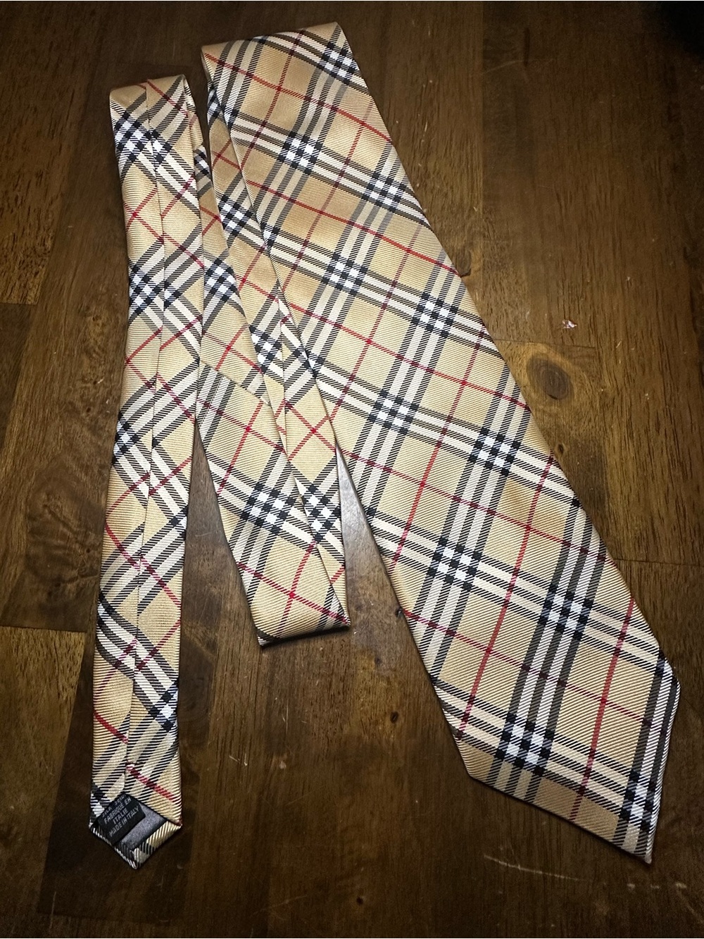 Burberry Beige Plaid Silk Tie with Black, White & Red Accents - Picture 4 of 7